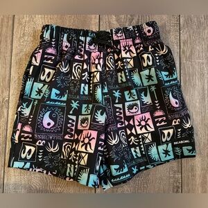 Billabong Kids Black Swim Shorts with Pastel Pink, Mint & Light Blue Print